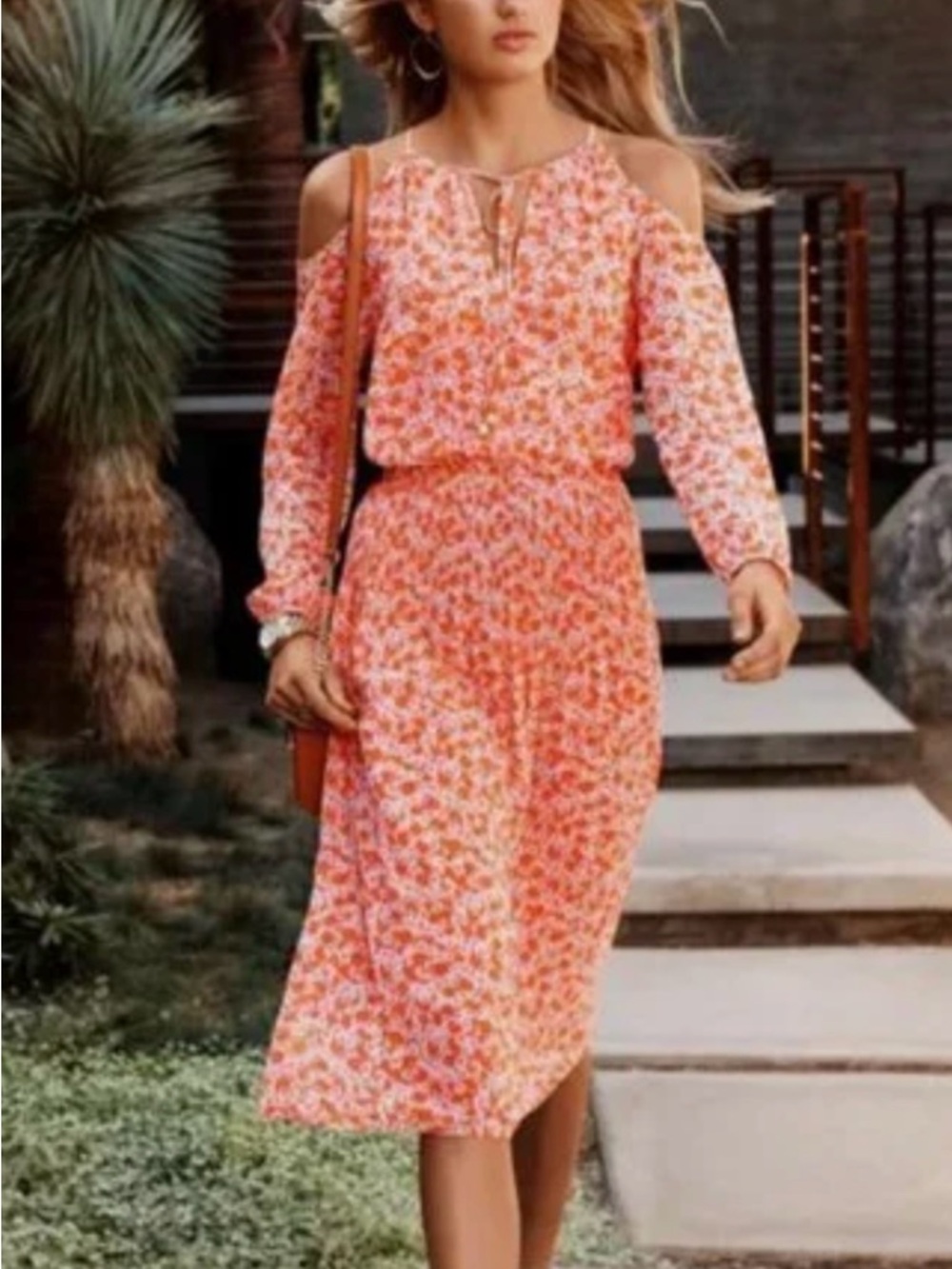 Michael Kors Cold-Shoulder Peekaboo Pleated Floral Orange Pink Floral Midi Dress